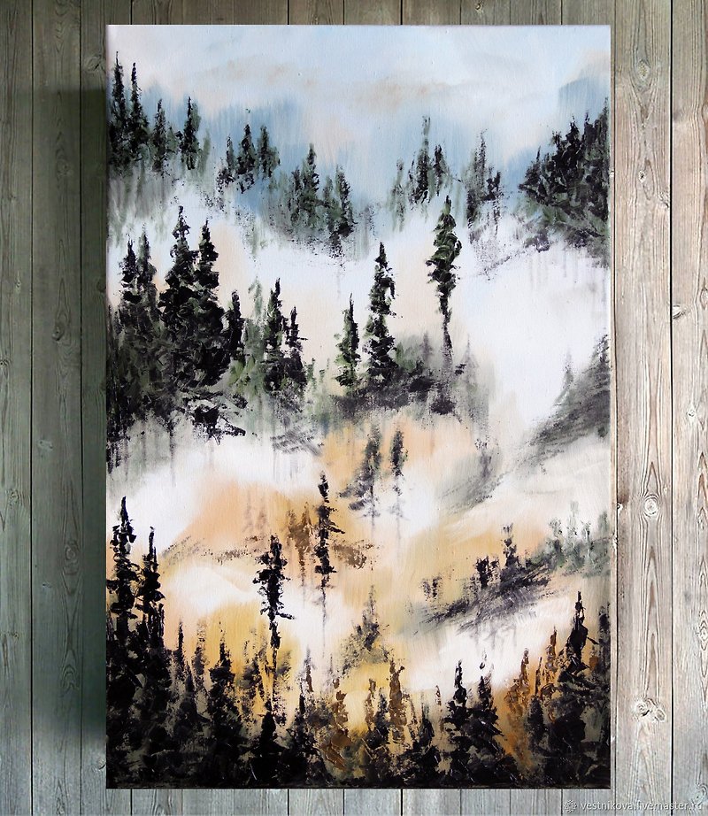 Foggy forest oil painting. Original nature wall art