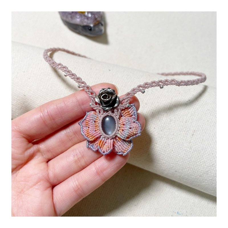 Wax thread weaving peony flower. Sterling silver handmade peony flower. Gray moonstone necklace - Necklaces - Crystal Pink