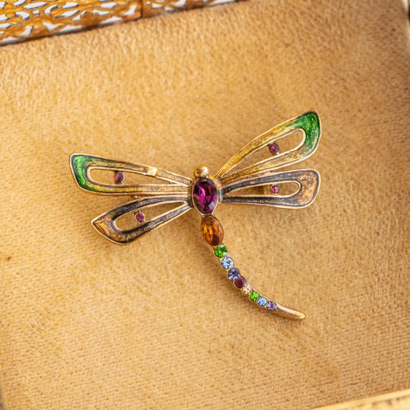 American Monet brand antique colorful Gemstone enamel dragonfly golden distressed brooch - Brooches - Other Metals Multicolor