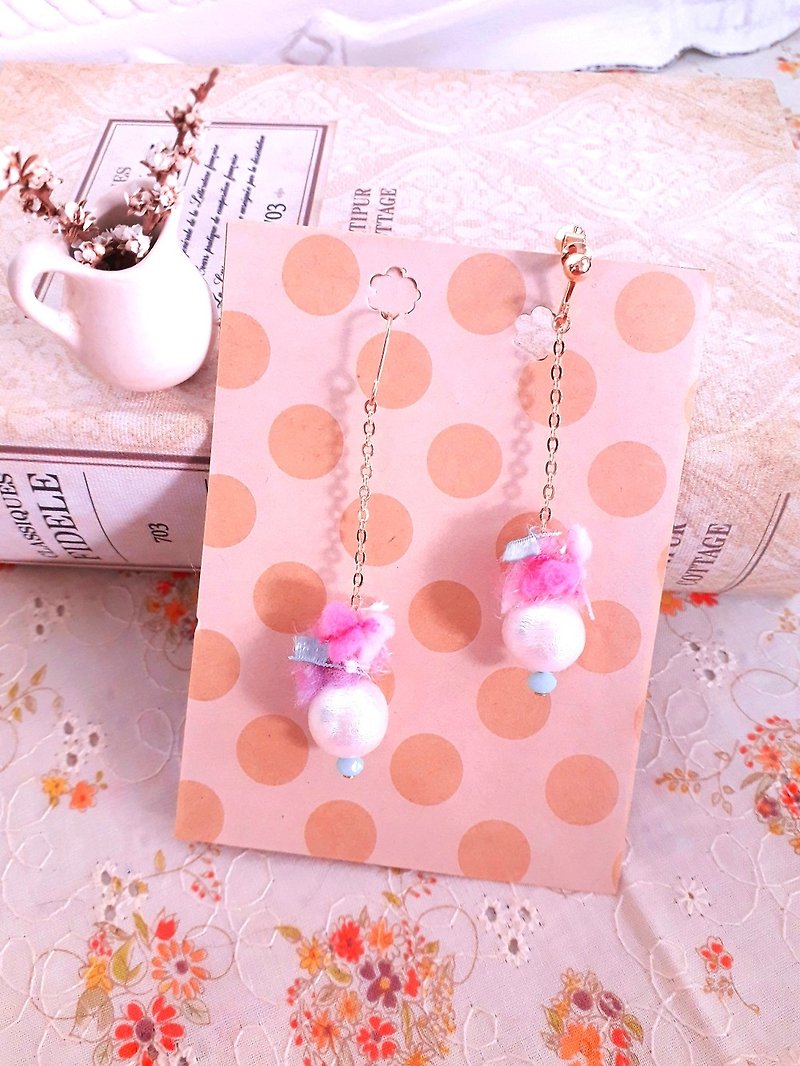 Japan cotton pearl hand-twisted wool drape earrings * blueberry bubble D140 gift forest dream sweet girl heart Valentine's Day gift - Earrings & Clip-ons - Other Materials Pink