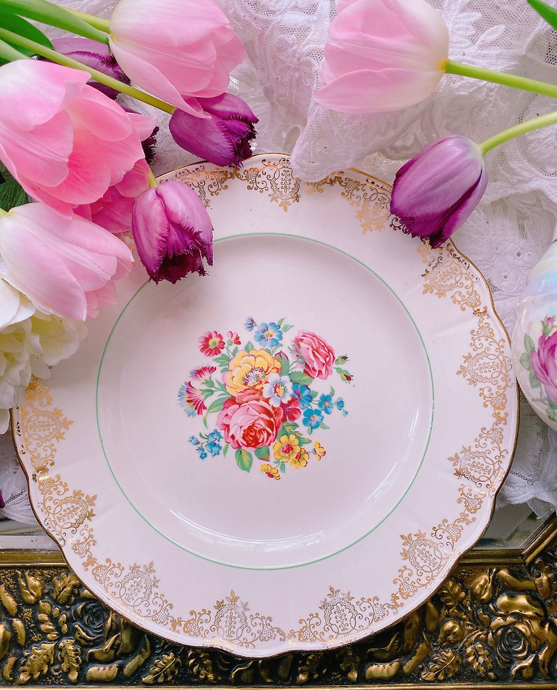 1960 Hand Painted Rose 22k Gold Lace Piping Antique Cake Plate Dessert Plate Dinner Plate - Plates & Trays - Porcelain Multicolor
