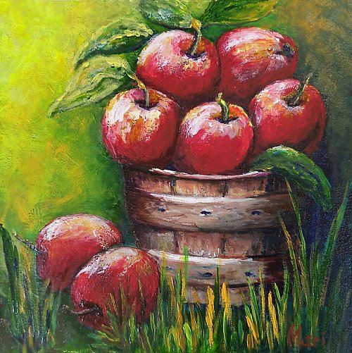 marina-fisher-art Apple Painting Basket Fruits Gardens Apples Still Life Kitchen Vegetable Food
