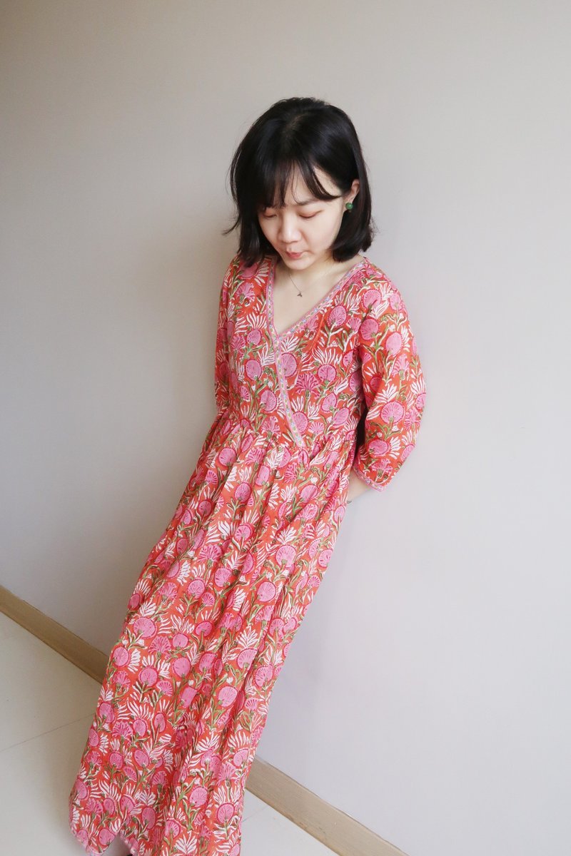 【Summer Fruit】India / Jaipur / Bohemia / Hand-stamped Block Printing / Dress - One Piece Dresses - Cotton & Hemp Red