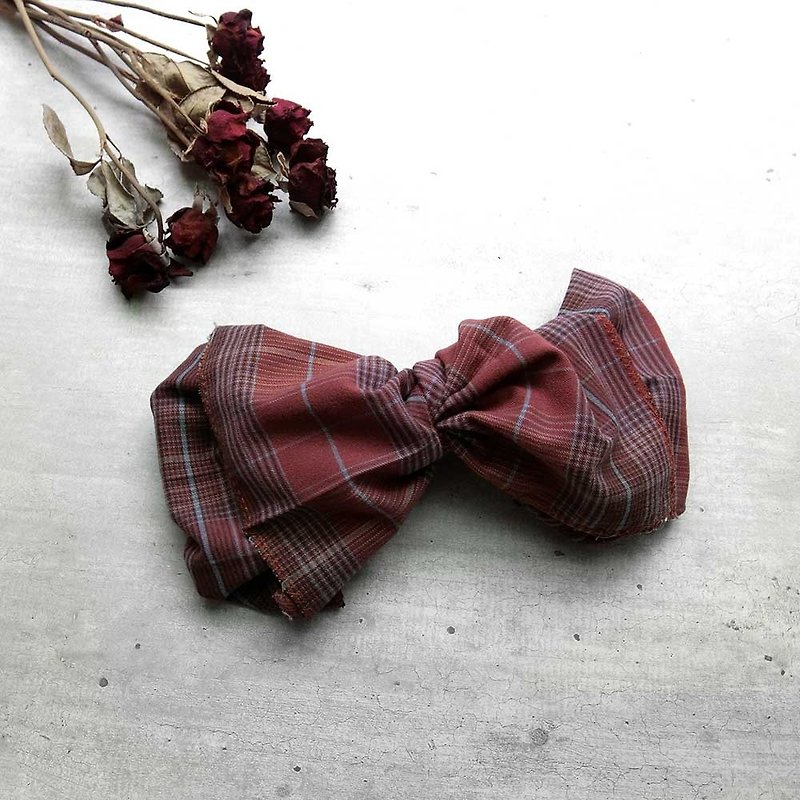 巨蝶髮帶(格紋灰粉)-整條可拆開 - 髮帶/髮箍 - 棉．麻 紅色