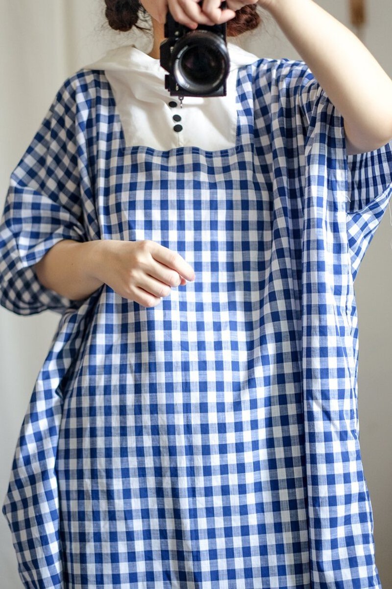 Dark blue picnic large grid super wide hooded cloak top - Women's Tops - Cotton & Hemp Blue
