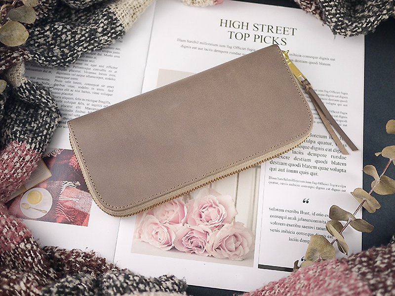 [Mother's Day] [Customized Engraving] Khaki Gray. Genuine leather long clip/wallet/wallet/coin purse - กระเป๋าสตางค์ - หนังแท้ สีกากี