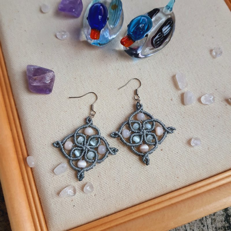 E030-Hand-woven classical window grille series earrings opal Stone square - Earrings & Clip-ons - Nylon Gray