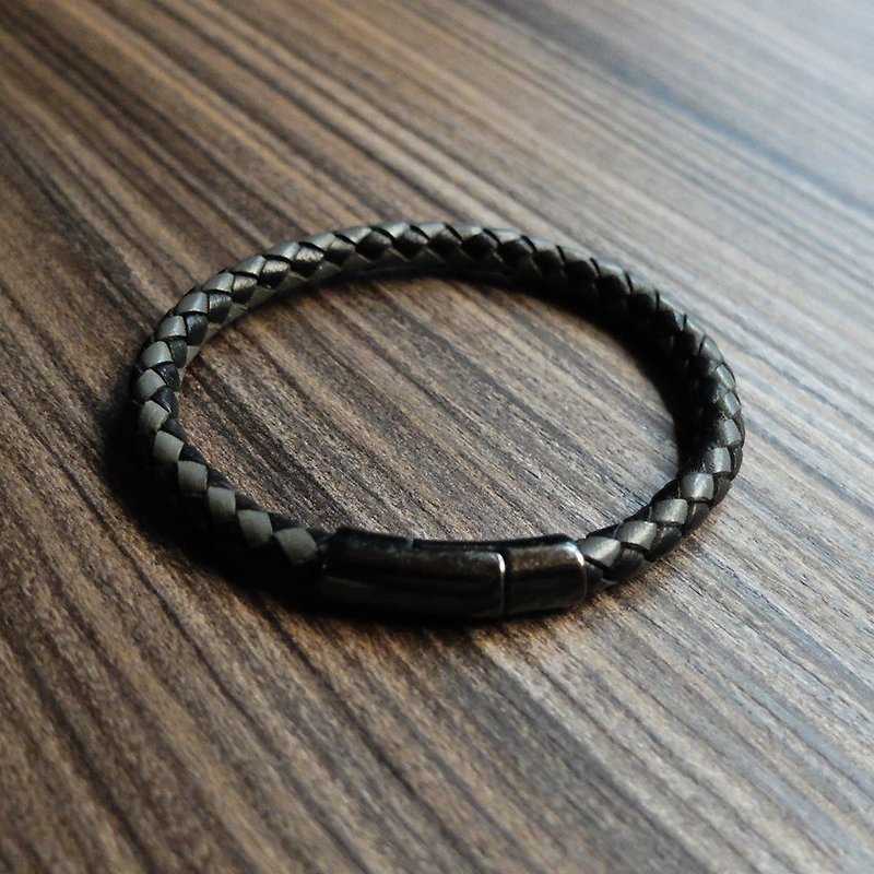 Black leather woven metal magnetic clasp bracelet (black + gray braided leather cord / black metal fastener) - Bracelets - Genuine Leather Black