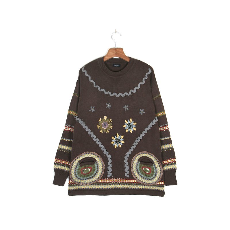 Ancient】 【egg plant Polaris embroidered with ancient sweater - สเวตเตอร์ผู้หญิง - เส้นใยสังเคราะห์ สีนำ้ตาล