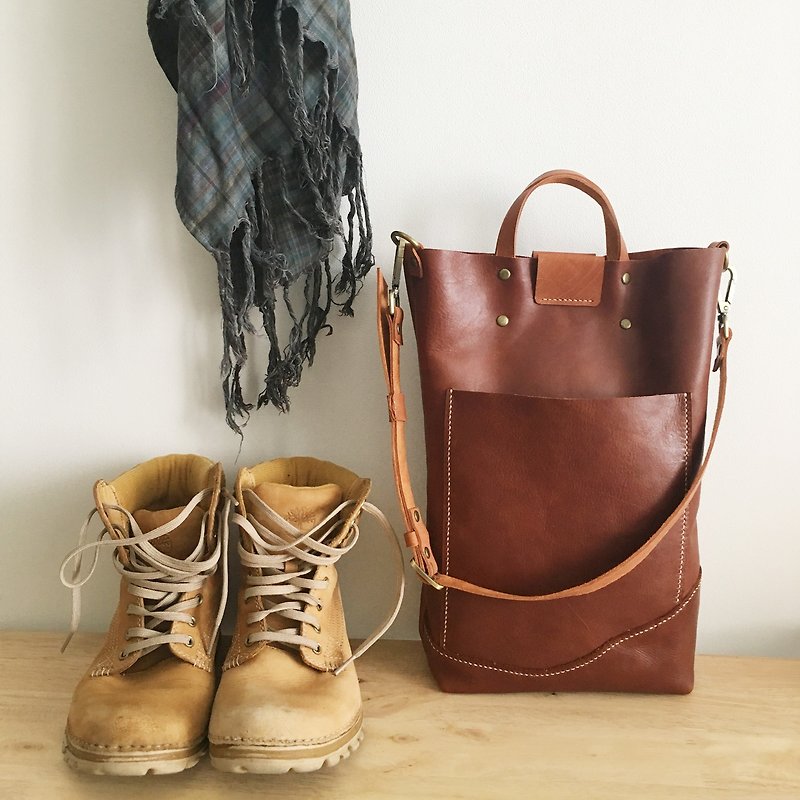 GENUINE LEATHER HANDHELD TOTE / CROSSBODY BAG / SLING BAG - Handbags & Totes - Genuine Leather Brown