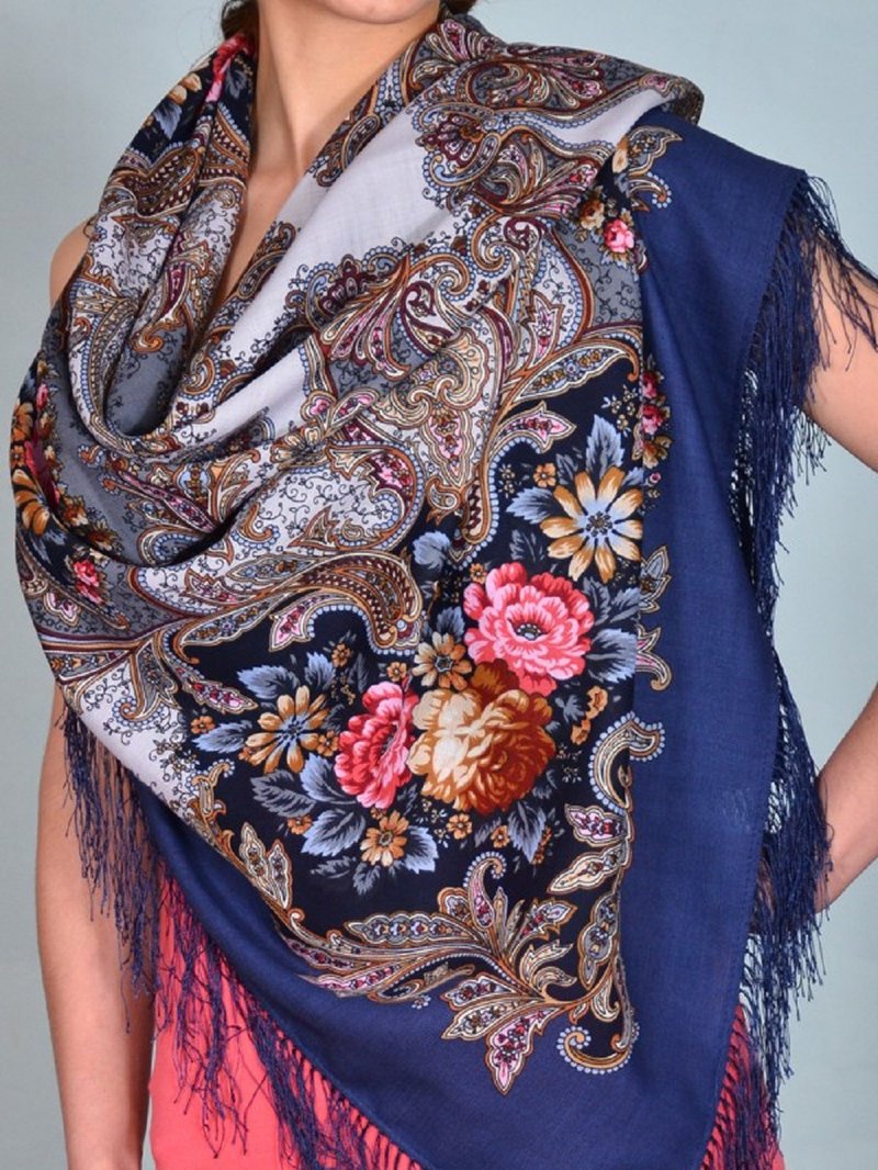 Pavlovo Posad Russian Shawl 100% Wool Scarf 125x125 cm Wrap Silk Fringe 1463-12 - 絲巾 - 羊毛 藍色