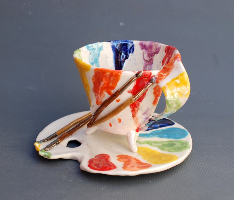 Tea cup and saucer set Artists palette Coffee mug and plate Handmade - 茶壺/茶杯/茶具 - 瓷 多色