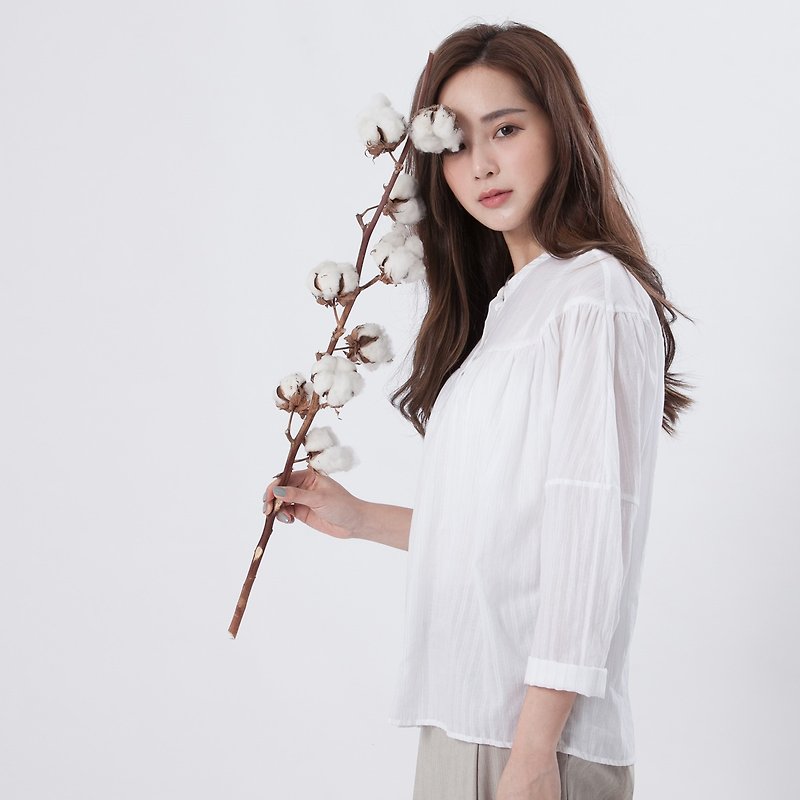 Kim pullover girly  shirt / sliver white stripe - シャツ・ブラウス - コットン・麻 ホワイト