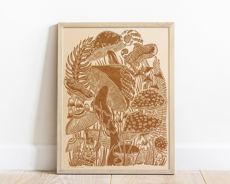 Linocut print Botanical ochre retro mushroom 12x16 Farmhouse kitchen wall art - 海報/掛畫/掛布 - 紙 黃色