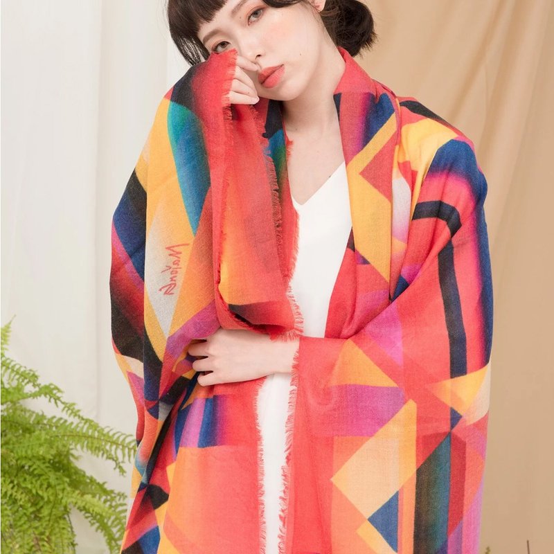 Blue | Contemporary Designer Printed Large Cashmere Scarf - Scarves - Wool Multicolor