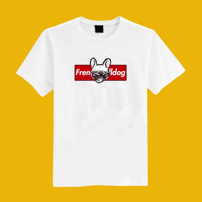 Tide brand French dog illustration white short T clothes T-shirt couples clothing children's clothing mother and child clothing women's clothing - Women's T-Shirts - Cotton & Hemp White