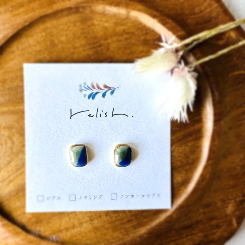 [Resale] Small sea-colored ceramic gold-plated Clip-On , non-pierced earrings, blue, lapis lazuli, small, simple, gold, square, green, celadon, gift - Earrings & Clip-ons - Pottery Blue