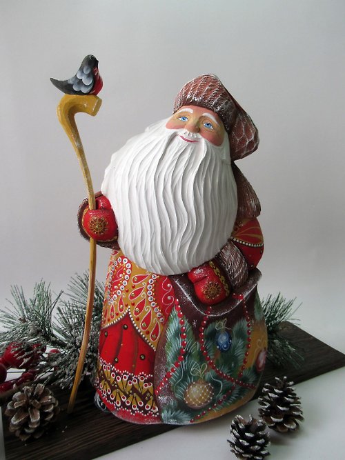 俄羅斯紀念品 大木製聖誕老人圖 手工雕刻聖誕老人 手繪雕塑 30 厘米
