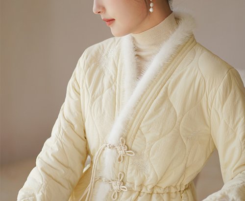初蟬 新中式 盤扣棉服女加厚長外套收腰刺繡毛領大衣