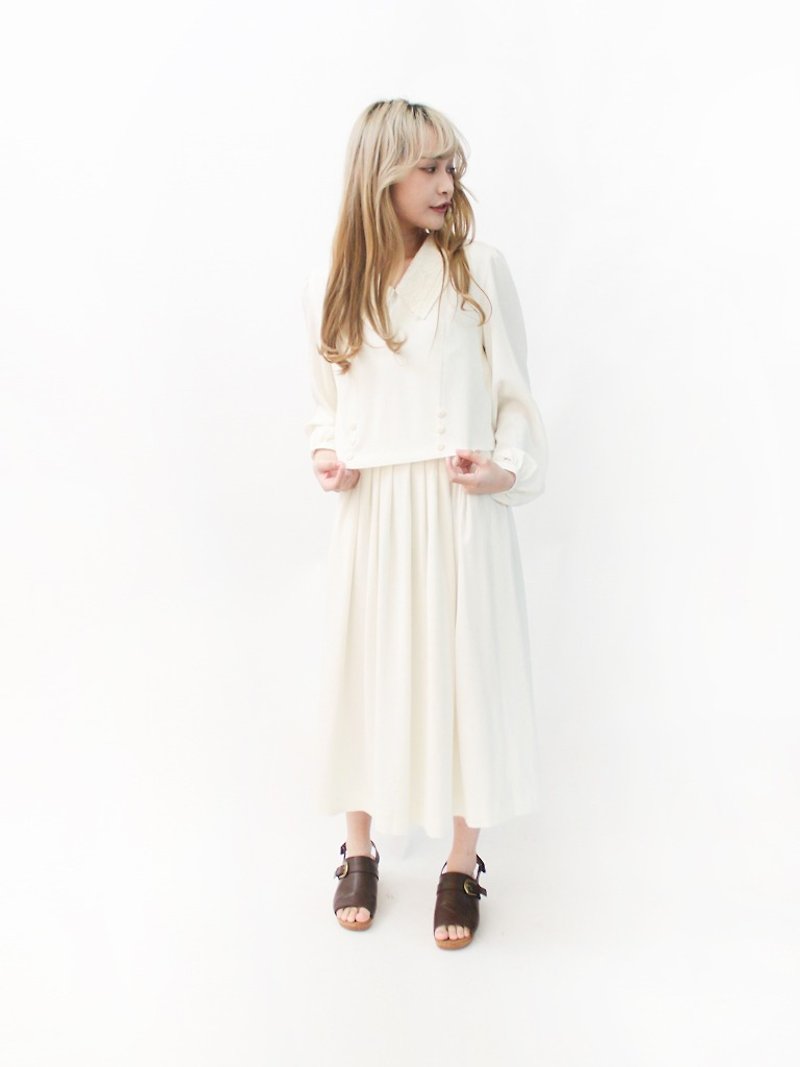 【RE0809D1337】夏日本製復古甜美浪漫米白色蕾絲翻領長袖假兩件古著洋裝 - 連身裙 - 聚酯纖維 白色