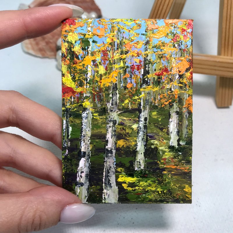 Fall birch painting ACEO original art miniature forest landscape small painting - Stuffed Dolls & Figurines - Paper Orange