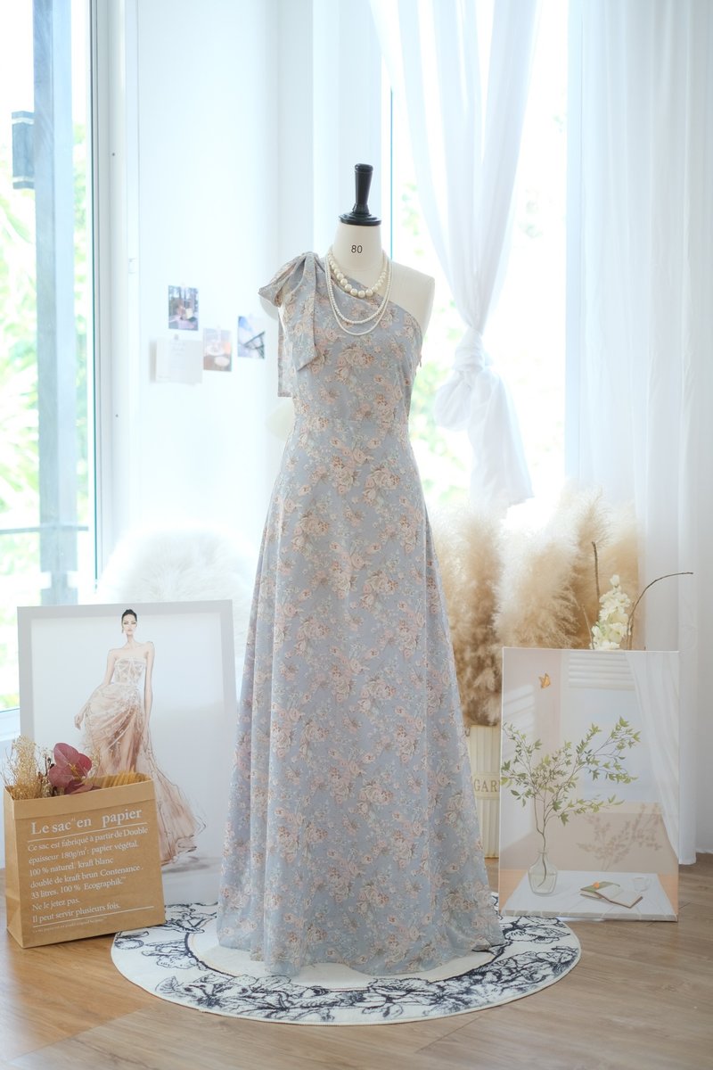 Blue floral bridesmaid dress One shoulder maxi party wedding summer dress - 禮服/小禮服 - 聚酯纖維 藍色