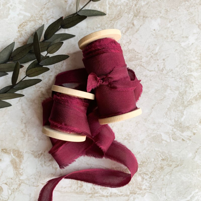 Wine Silk Ribbon / Hand Dyed Silk ribbon on Wood Spool - 包裝材料/包裝紙 - 絲．絹 紅色