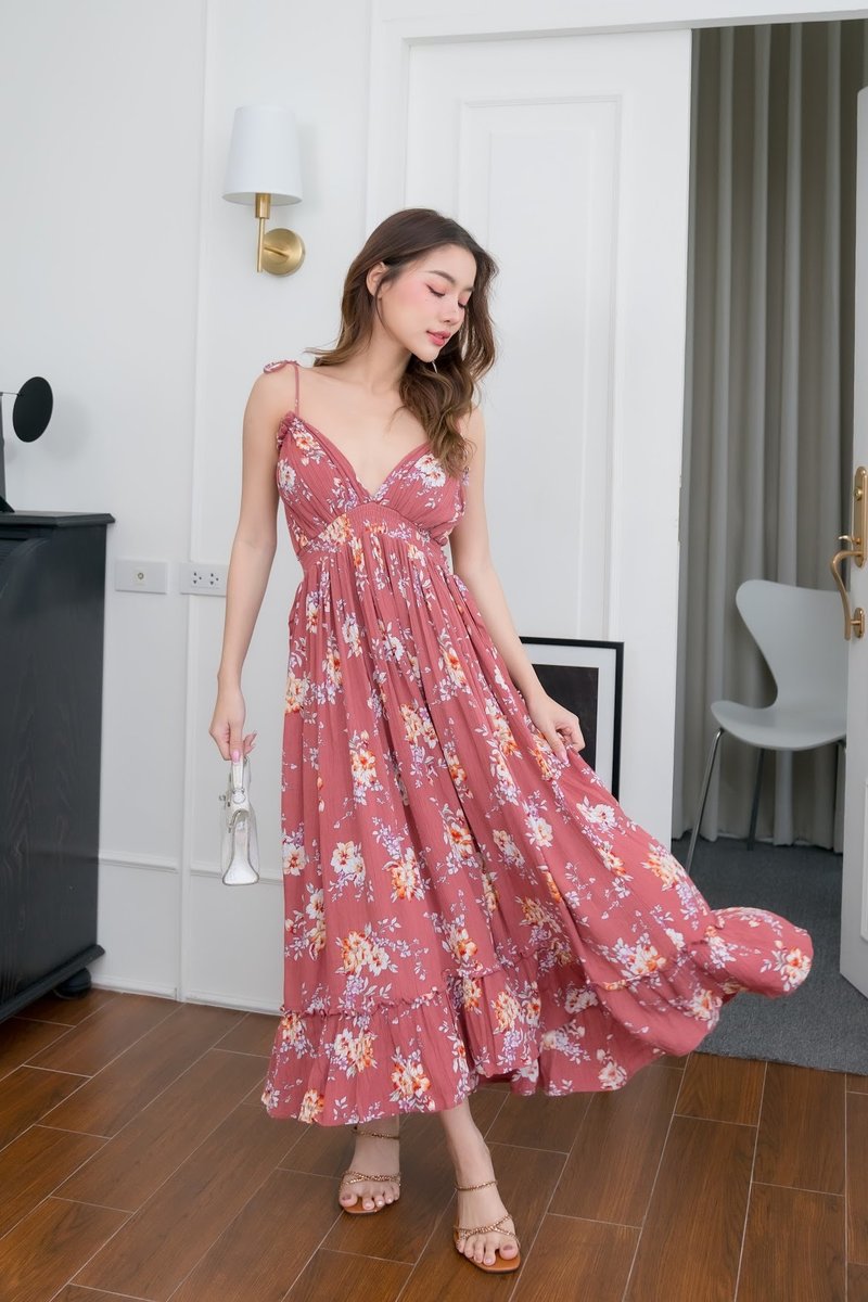 BOHO MAXI DRESS, HALTER BACKLESS SUMMER DRESS, FLORAL PRINTED OPEN BACK MAXI - 連身裙 - 棉．麻 白色