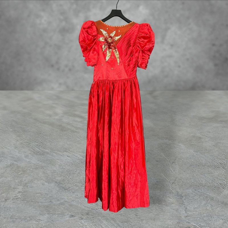 Bright red hand-made tulle beaded sequined puff sleeve dress short-sleeved dress PMF18 - Evening Dresses & Gowns - Polyester Red