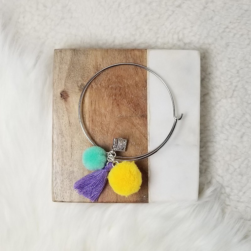 Little pom pom with fringe and metal pendant silver bracelet (Yellow/Turquoise) - Bracelets - Copper & Brass Silver