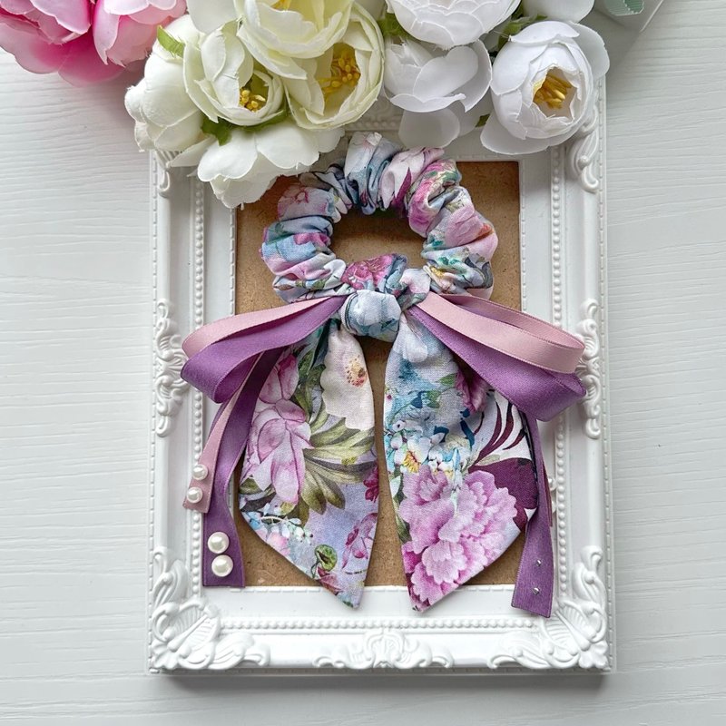 棉布長尾蝴蝶結髮圈大腸圈髮飾-復古紫紅色系花朵 - 髮夾/髮圈 - 其他材質 紫色