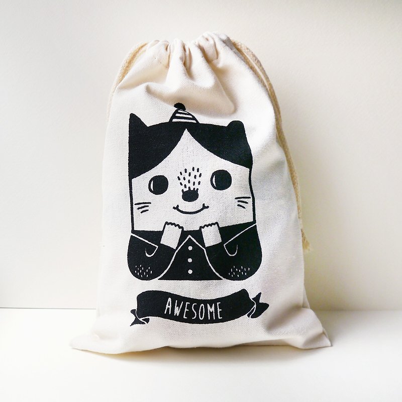 Awesome Cat Drawstring Pouch - กระเป๋าเครื่องสำอาง - ผ้าฝ้าย/ผ้าลินิน ขาว