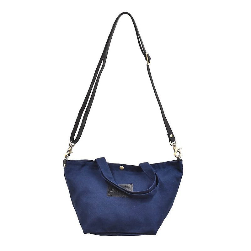 Canvas mini bag Shoulder bag unisex totebag with shoulder strap [Navy] KA004 - Messenger Bags & Sling Bags - Cotton & Hemp Blue