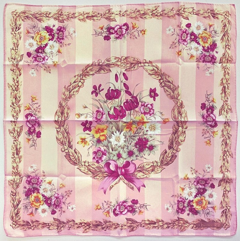 Burberry Vintage Scarf Cotton-Silk Floral Wreath Handkerchief 22.5 x 22 inches - 手帕 - 棉．麻 粉紅色