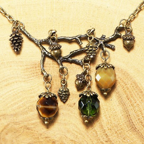AGATIX Green Brown Beige Glass Bronze Acorn Branch Pine Cone Pendant Necklace Jewelry