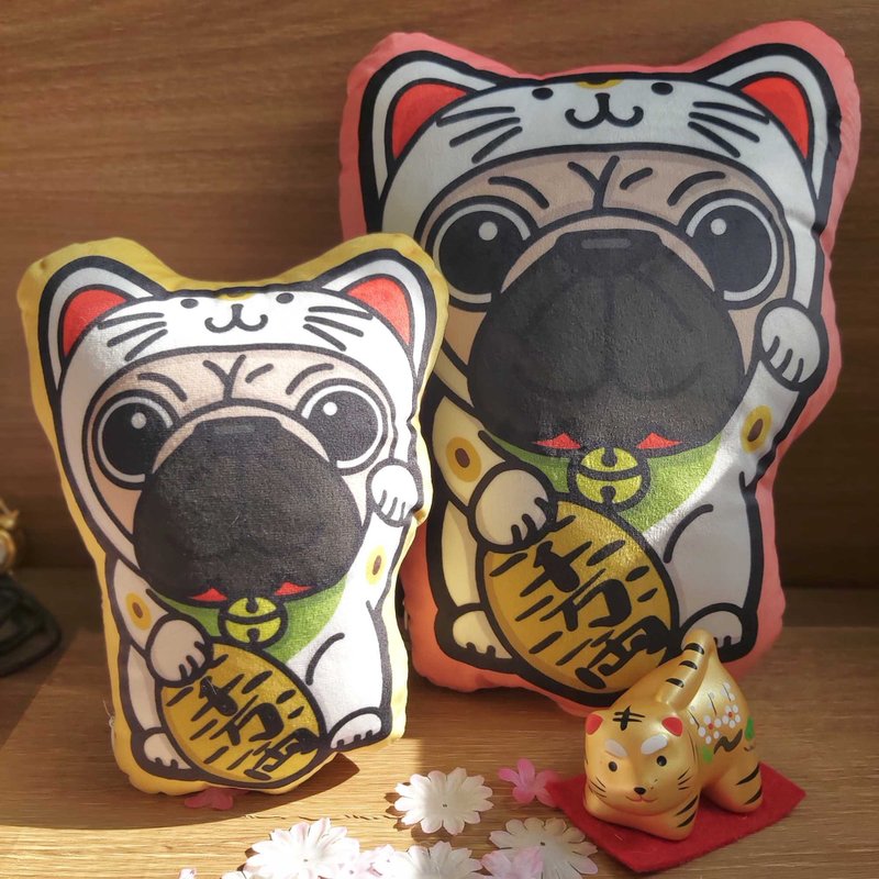 New Year's double-sided Pug Cushion Lucky Pug Cushion - หมอน - ผ้าฝ้าย/ผ้าลินิน หลากหลายสี