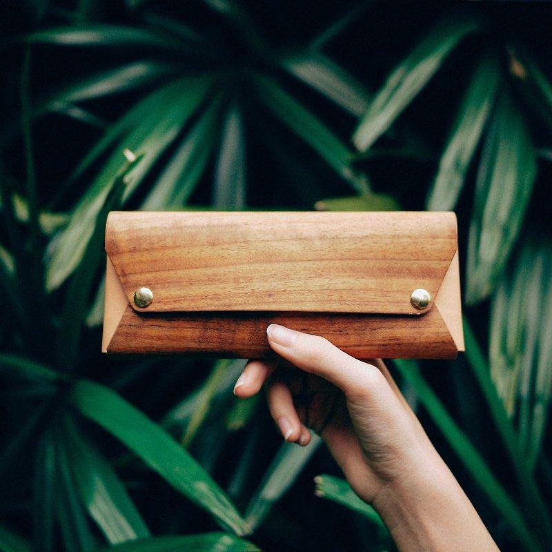 []チーク材の木革レザーペンケース - ペンケース・筆箱 - 木製 イエロー