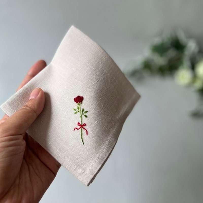 Pinkoi Proxy Purchase - A single rose | Hand embroidered and hand tailored soft Linen handkerchief - Other - Cotton & Hemp 