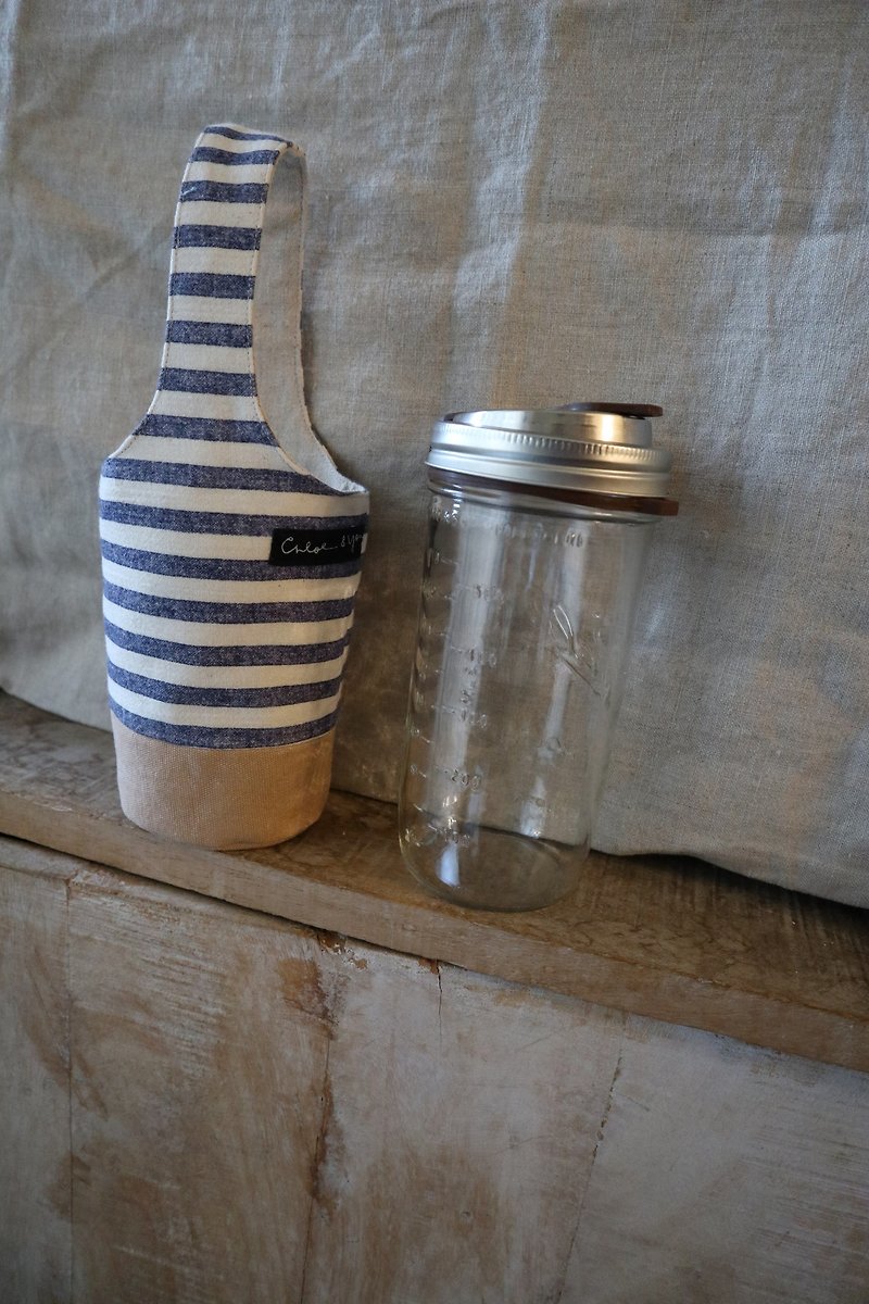 環保杯袋 (藍白條紋) - 杯袋/飲料提袋 - 棉．麻 