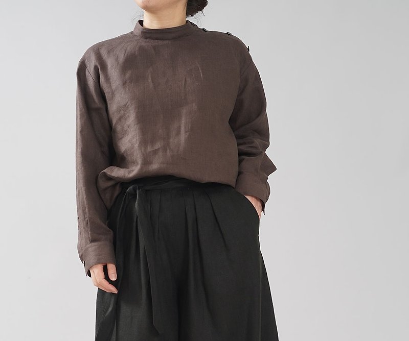 Wafu - 純亞麻上衣 Midweight Linen Button-shoulder Top / Adobe Brown t019b-abn2 - เสื้อผู้หญิง - ลินิน สีนำ้ตาล