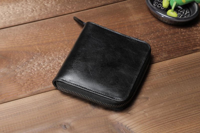 BASIC Round Fastener Middle BLACK - Wallets - Genuine Leather Black