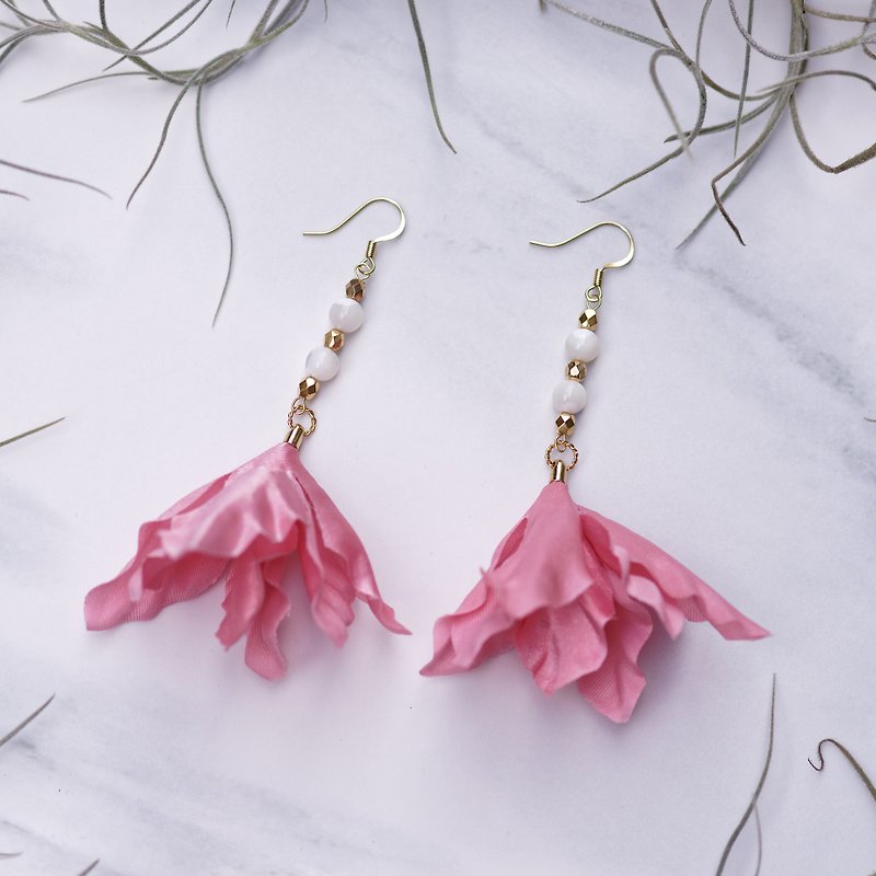 Vanessa | Dangle Fabric Flora Earring with Natural Stone and Golden Plating Hook - Earrings & Clip-ons - Other Materials Pink