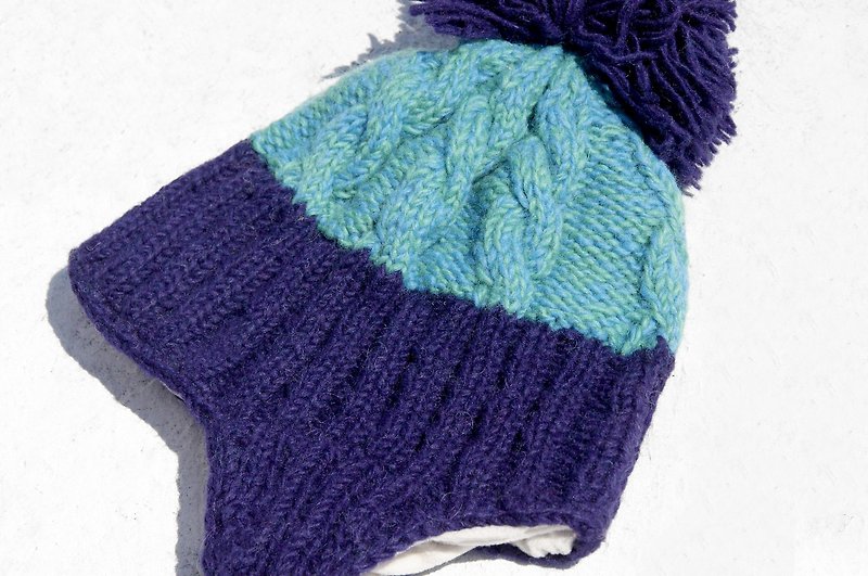 Christmas gift creative gift limited handmade knitted pure wool hat / hand brush head hat / knitted hat / flying hat / wool cap - blue ocean twist pattern - หมวก - ขนแกะ สีน้ำเงิน