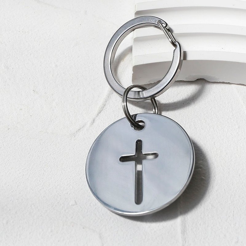 Titanium Plated Cross Keychain-Round Style- Silver - Keychains - Other Metals Silver