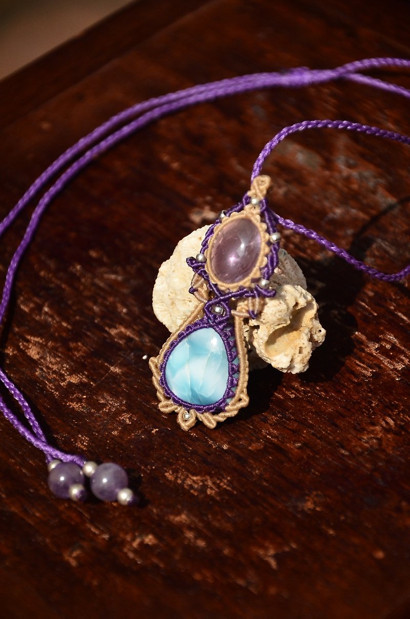 織途-海纹石/拉利瑪, 粉晶 編織項鍊 - 項鍊 - 寶石 藍色