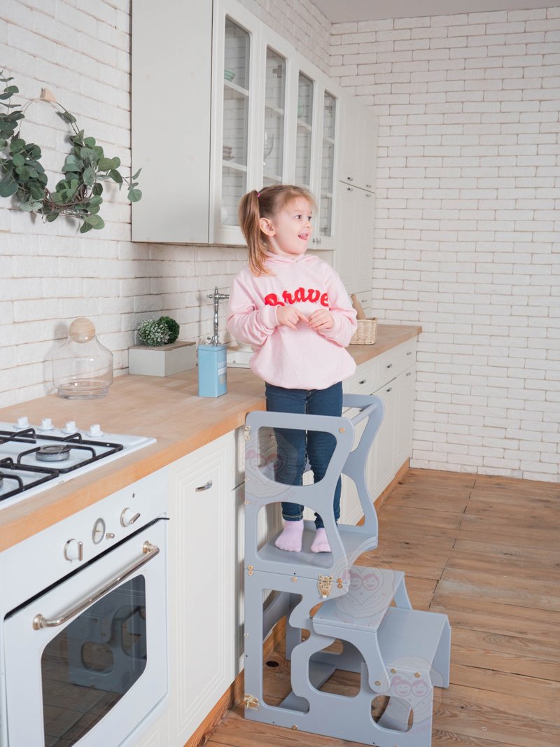 Montessori step stool with a back Learning tower Wooden chair for kids - เฟอร์นิเจอร์เด็ก - ไม้ ขาว