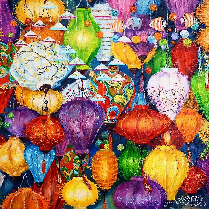Chinoiserie chinese silk lantern original oil painting, buddist light, Japanese - Illustration, Painting & Calligraphy - Eco-Friendly Materials Multicolor