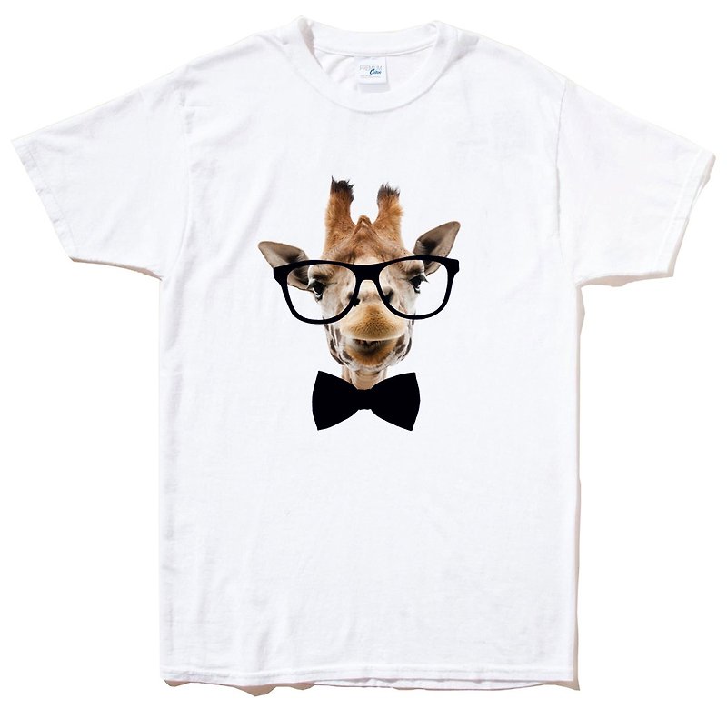 Giraffe Bow Tie men's and women's short-sleeved T-shirt white giraffe tie glasses beard animal text art design fashionable text fashion - Men's T-Shirts & Tops - Cotton & Hemp White