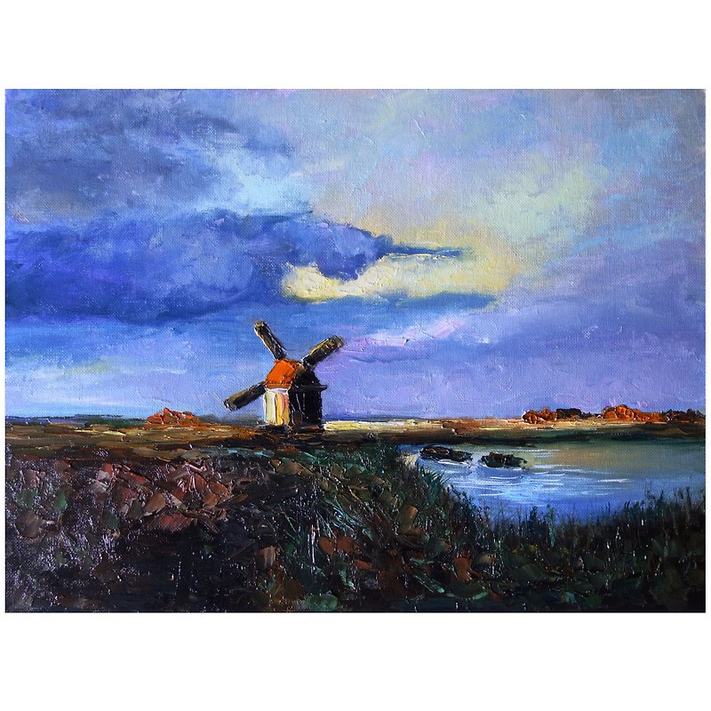 Windmill Oil Painting Original Art 油畫原作 Landscape Artwork Canvas Art - 海報/掛畫/掛布 - 顏料 多色