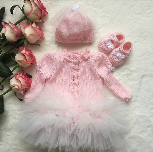 V.I.Angel Hand knit pink dress with ivory tulle and pearls, hat, booties for baby girl.